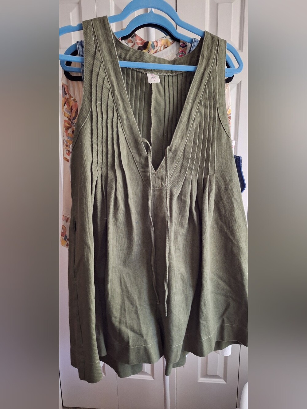 Women's Olive Green Denim Pleated Wide-Leg Romper With Tie Front And Zipper Side